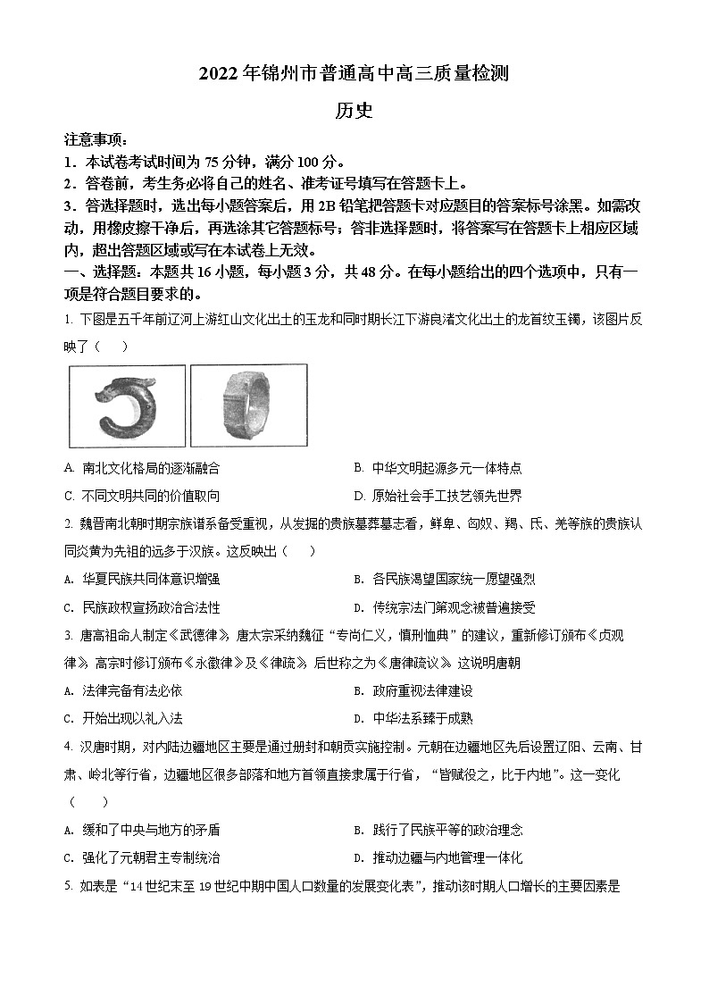 2022年辽宁锦州一模高三历史试卷及答案01