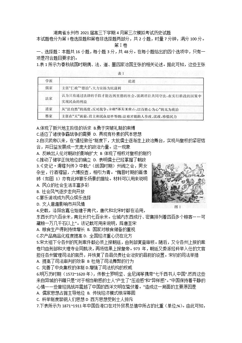 湖南省永州市2021届高三下学期4月第三次模拟考试历史试题 Word版含答案01