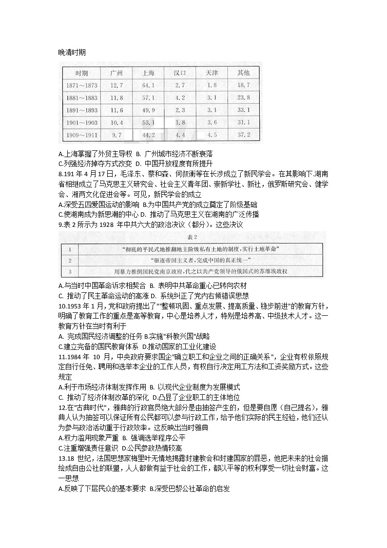 湖南省永州市2021届高三下学期4月第三次模拟考试历史试题 Word版含答案02