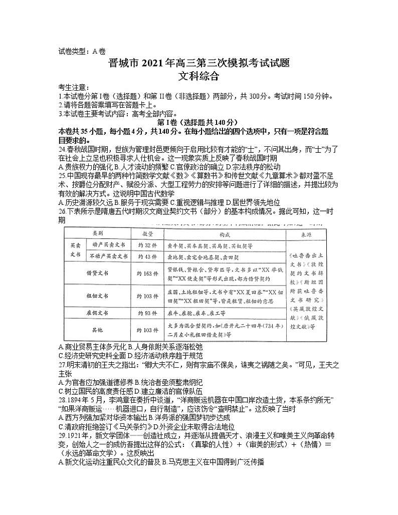 山西省晋城市2021届高三三模历史卷+答案01