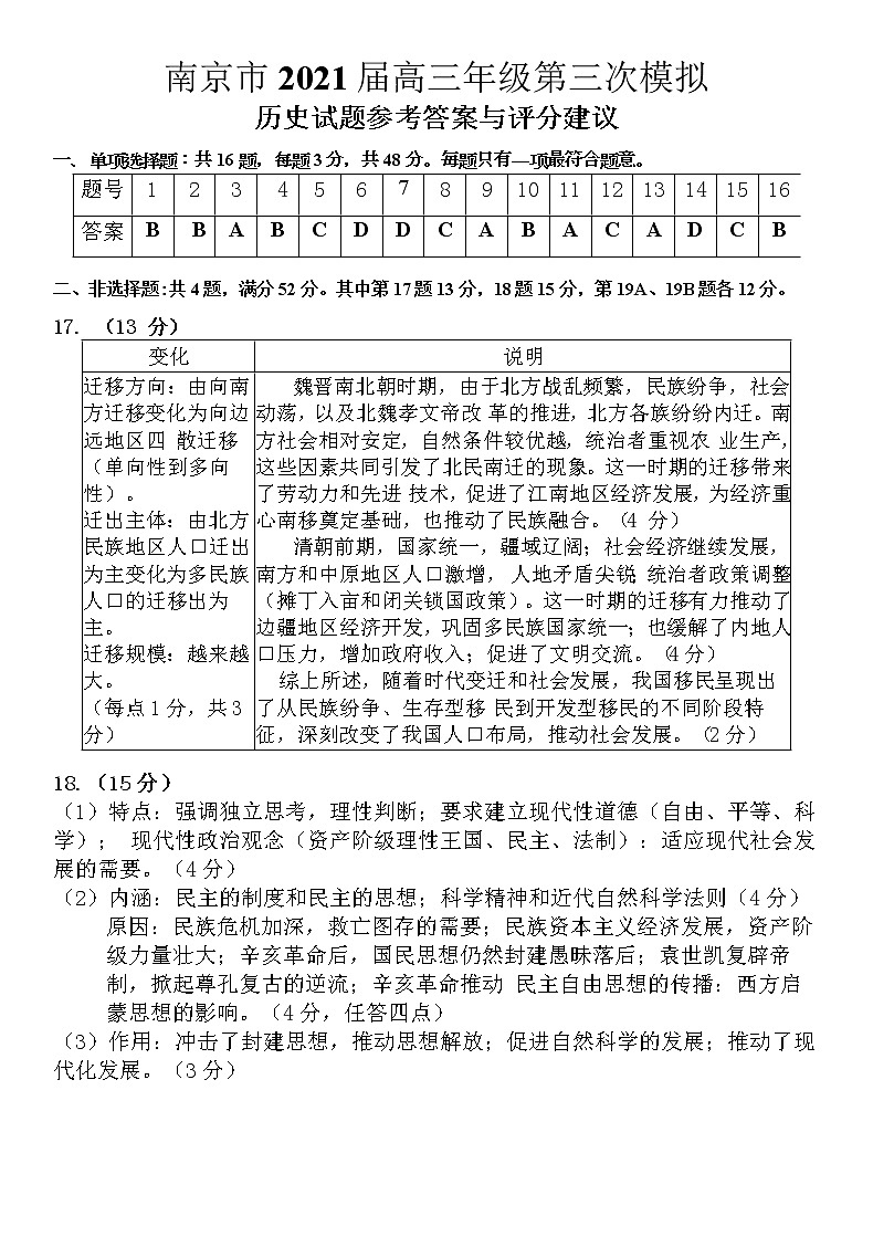 2021届江苏省南京市高三三模历史卷+答案01