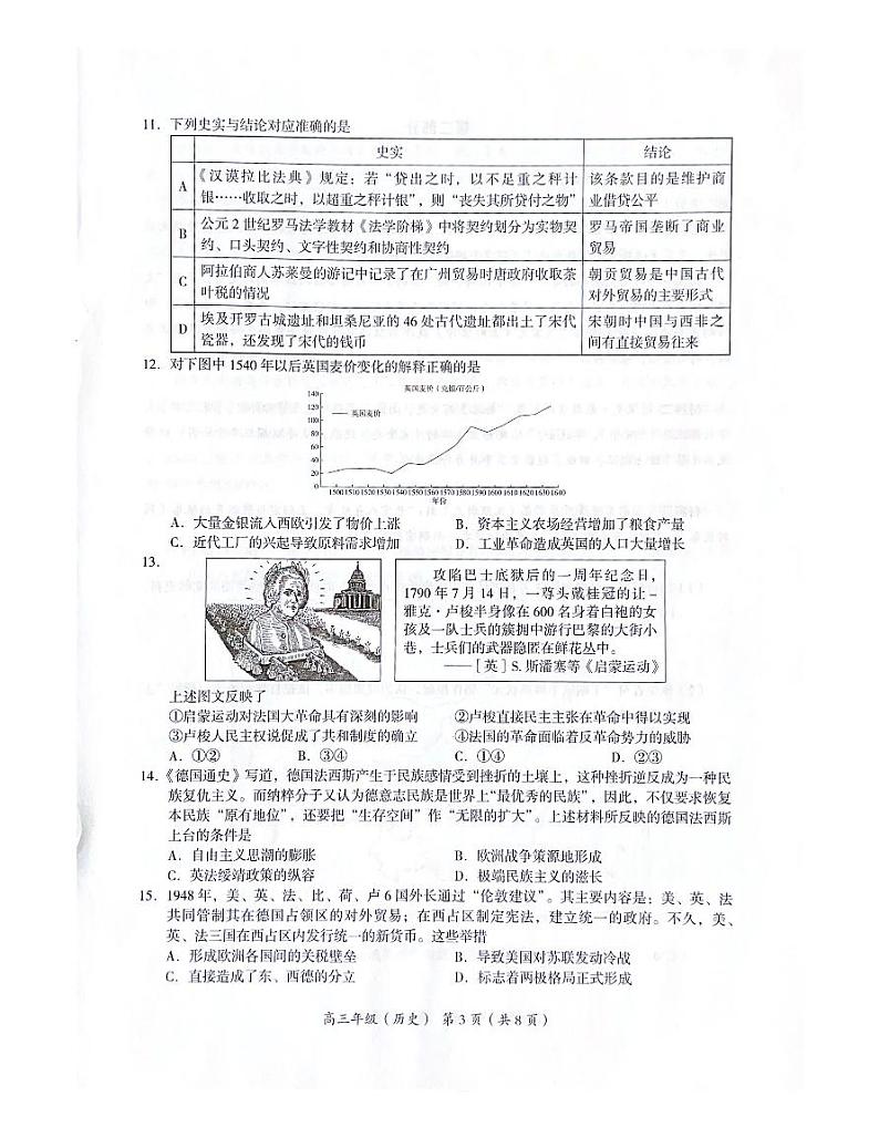 2022届北京市海淀区高三下学期第一次模拟考试历史试卷PDF版含答案03