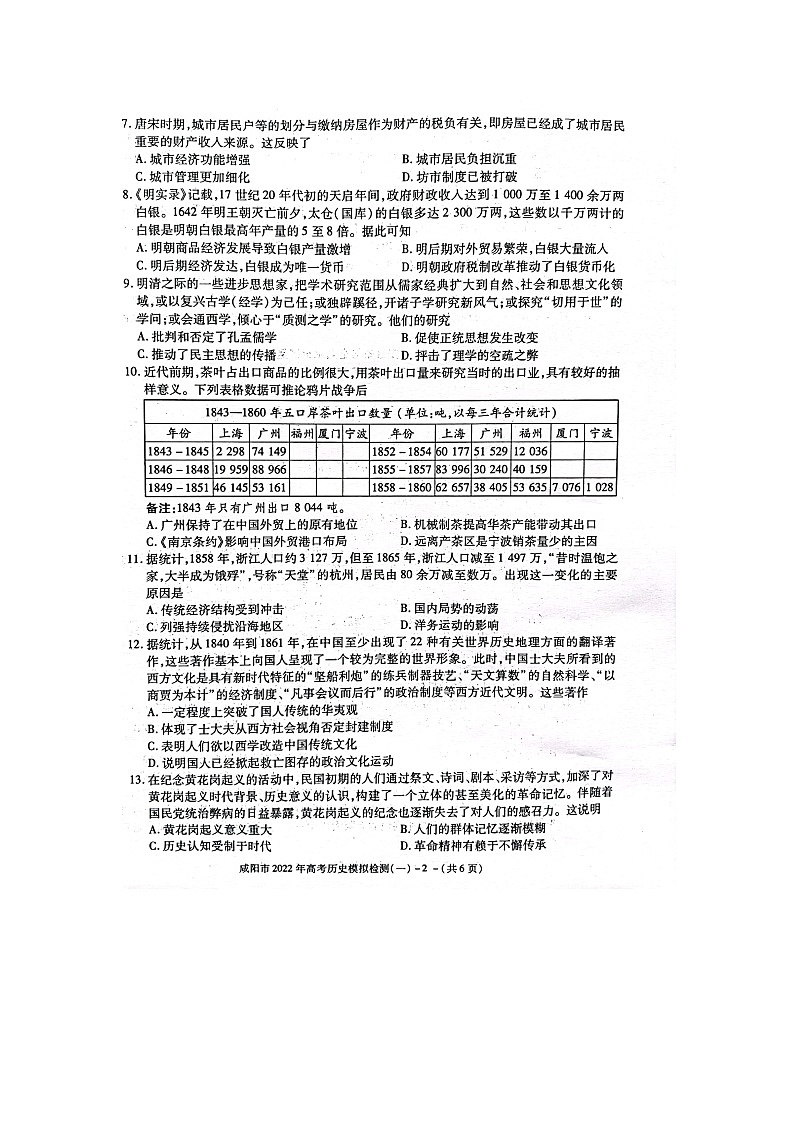 2022年陕西咸阳高三第一次模拟考试历史卷及答案02