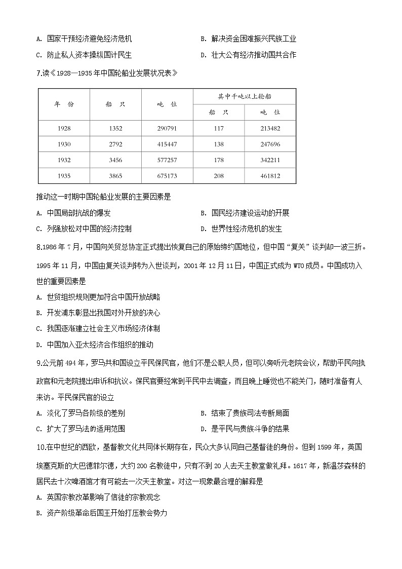 2020年山西省阳泉市高三第一次模拟考试历史卷及答案（文字版）02