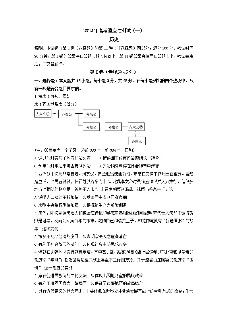 2022年山东省烟台市高三第二次模拟考试历史卷及答案01