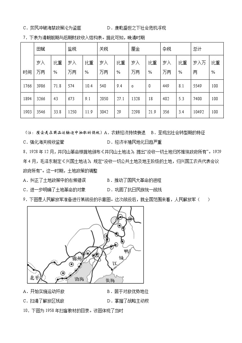 2022届湖南师范大学附属中学高三模拟考试（一）历史试题含解析02