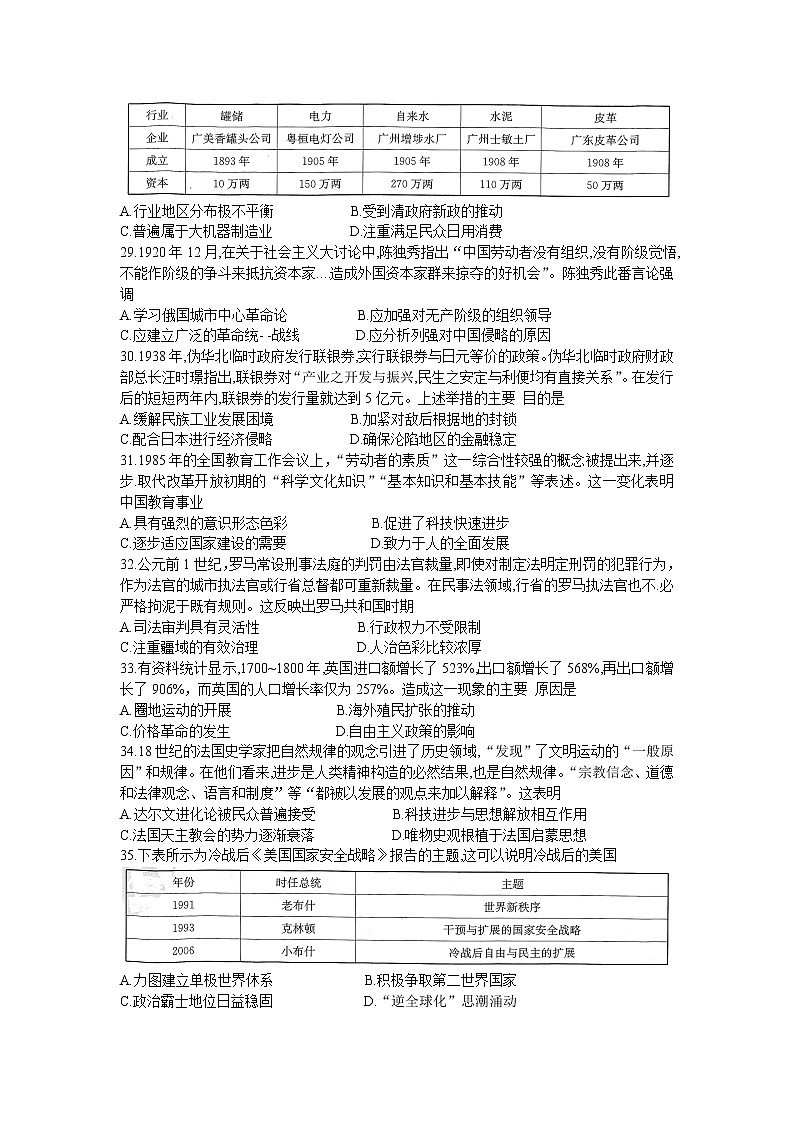 2022届陕西省榆林市高三四模考试历史试题+无答案第2页