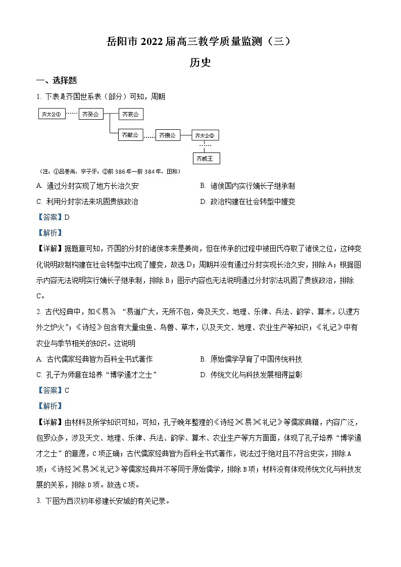 湖南省岳阳市2022届高三下学期教学质量监测（三）历史试题含解析01