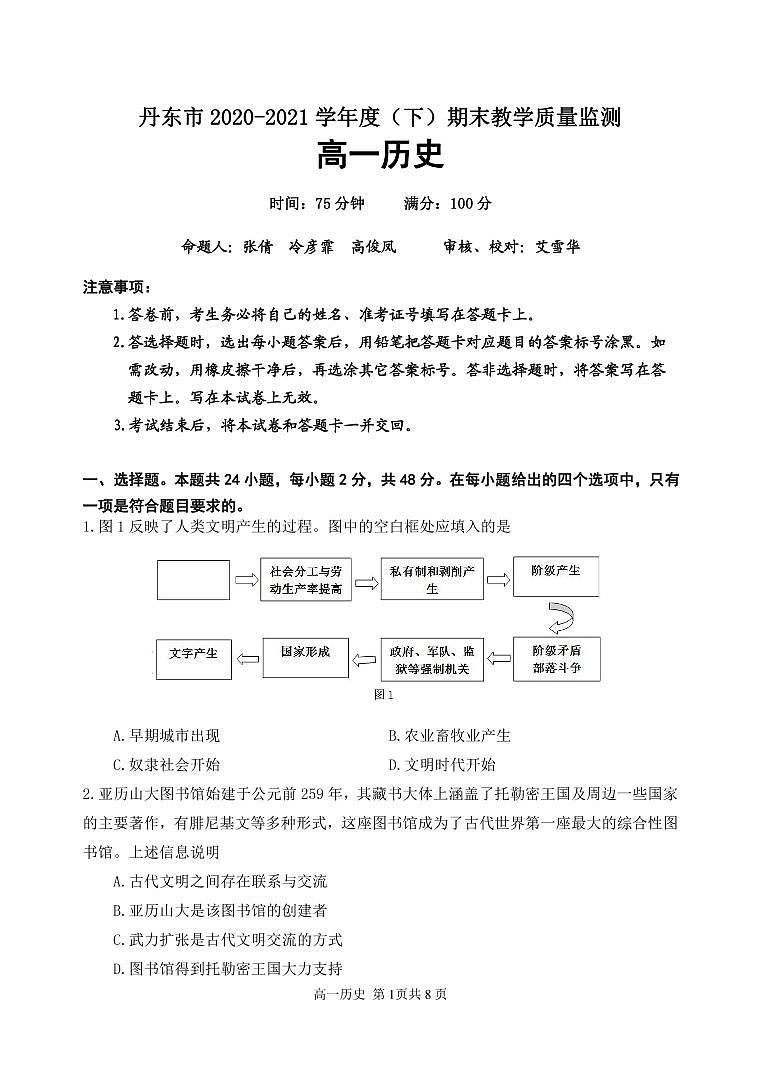 辽宁省丹东市2020-2021学年高一下学期期末教学质量监测历史试题（PDF版）第1页