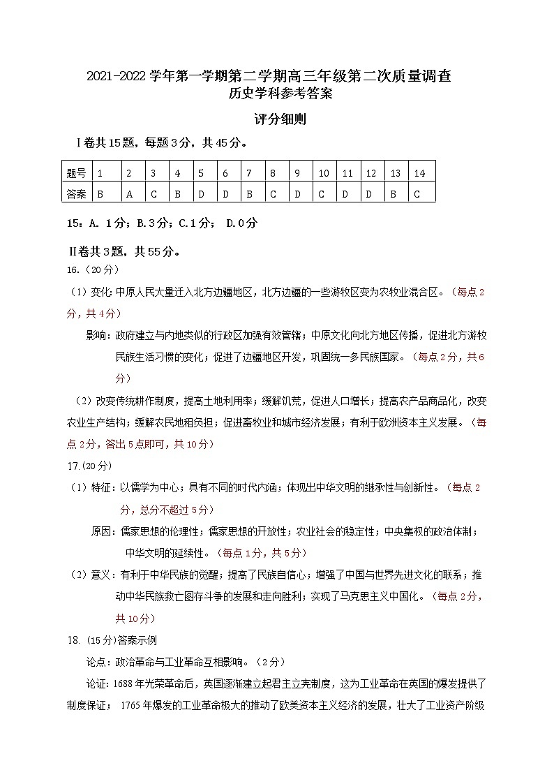 天津市和平区2022届高三年级总复习质量检测（二）历史参考答案第1页