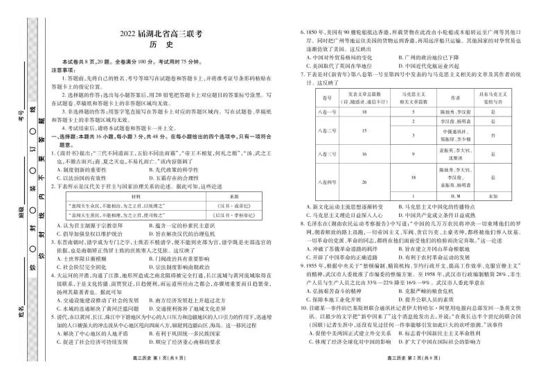 2022湖北省高三联考历史PDF版含答案 试卷01
