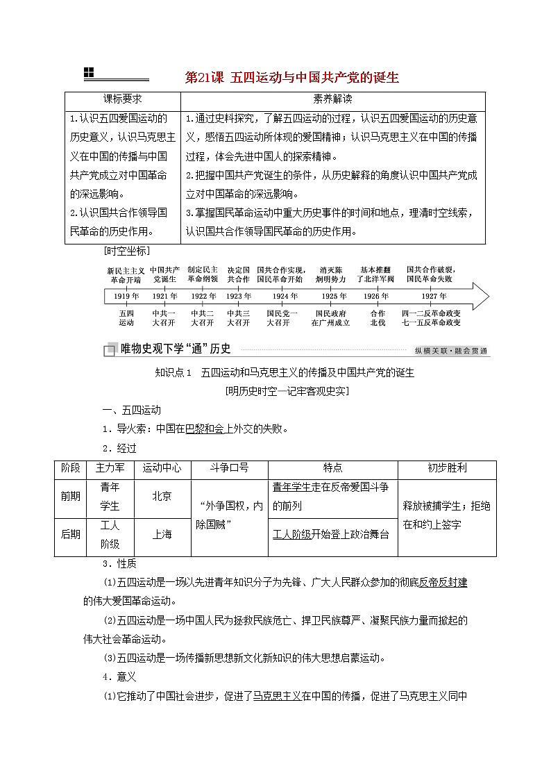 部编版高中历史必修上册第七单元中国共产党成立与新民主主义革命兴起第21课五四运动与中国共产党的诞生学案第1页
