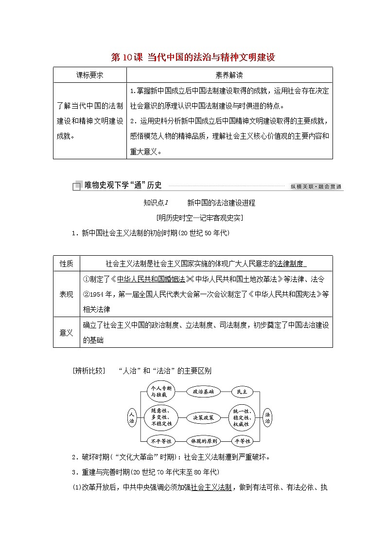 新人教版高中历史选择性必修1第三单元法律与教化第10课当代中国的法治与精神文明建设学案第1页