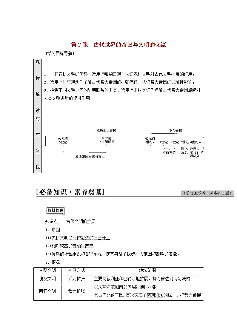 部编版高中历史中外历史纲要下第1单元古代文明的产生与发展第2课古代世界的帝国与文明的交流学案第1页