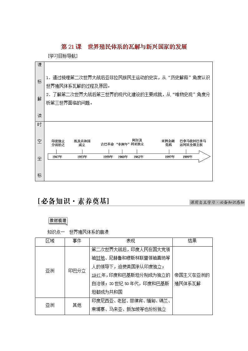部编版高中历史中外历史纲要下第8单元20世纪下半叶世界的新变化第21课世界殖民体系的瓦解与新兴国家的发展学案01