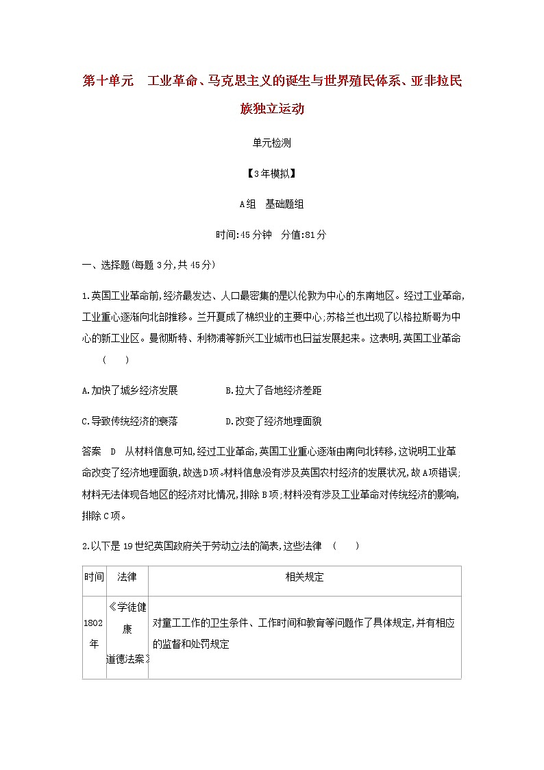 山东专用高考历史一轮复习第十单元工业革命马克思主义的诞生与世界殖民体系亚非拉民族独立运动单元检测含解析第1页