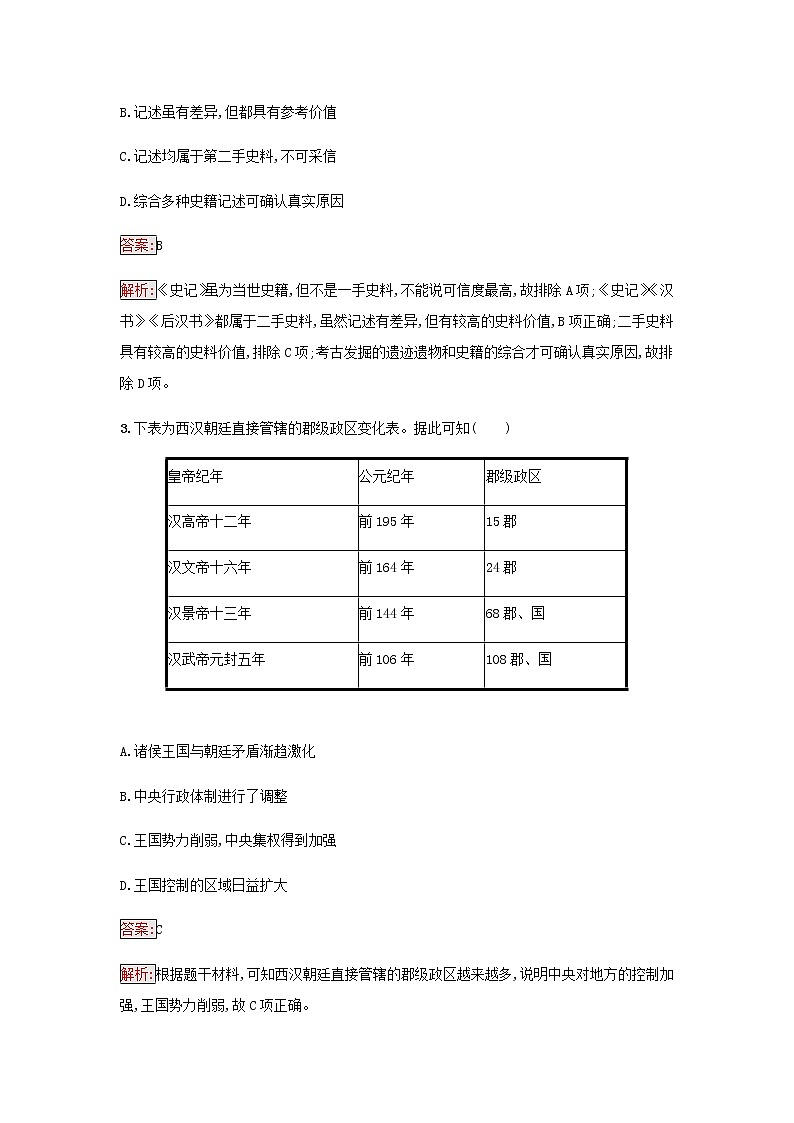 部编版高中历史必修中外历史纲要上第一单元从中华文明起源到秦汉统一多民族封建第4课西汉与东汉__统一多民族封建国家的巩固检测含解析第2页