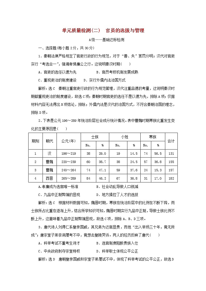 新人教版高中历史选择性必修1第二单元官员的选拔与管理单元检测含解析01