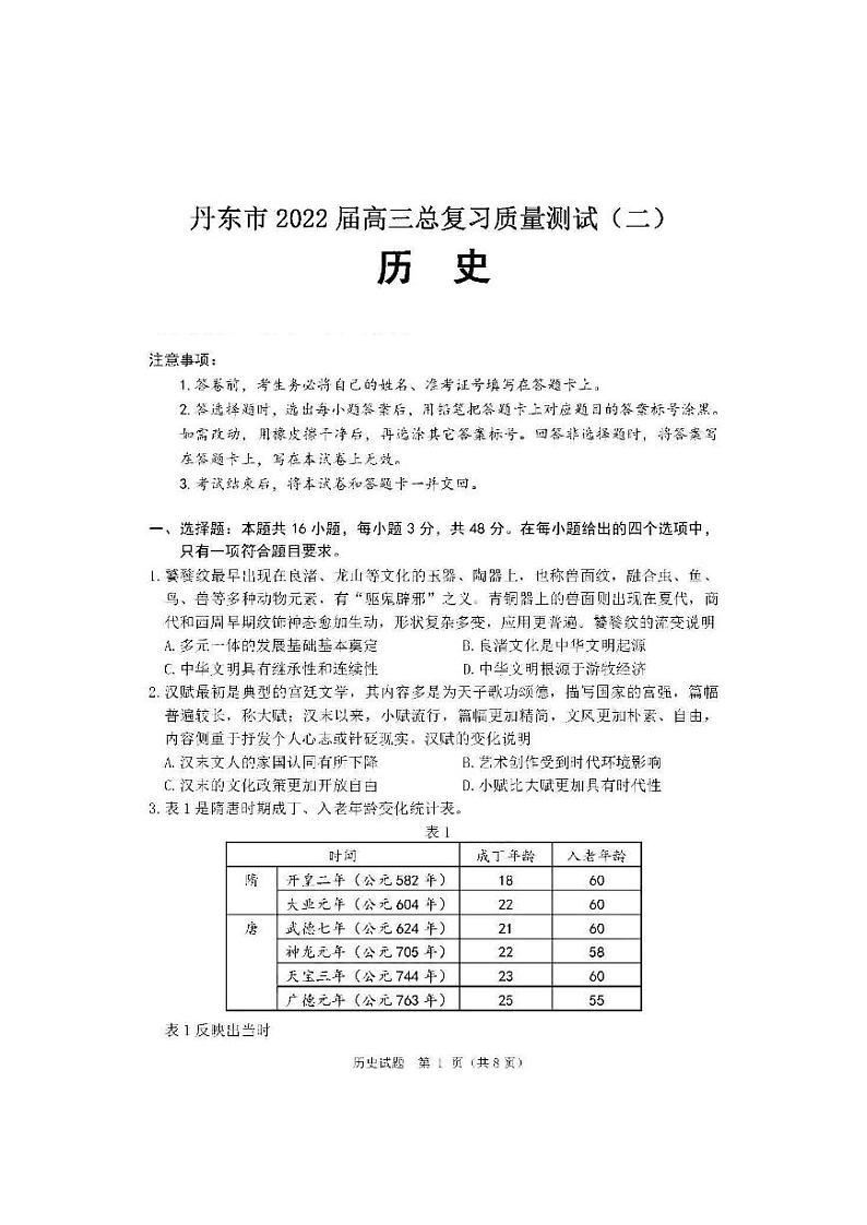 2022丹东市高三二模历史试卷01