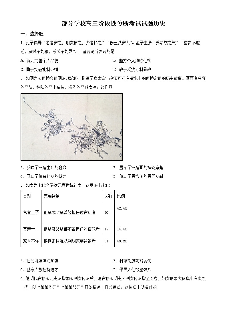 山东省淄博市部分学校2022届高三下学期二模考试历史（原卷版）第1页