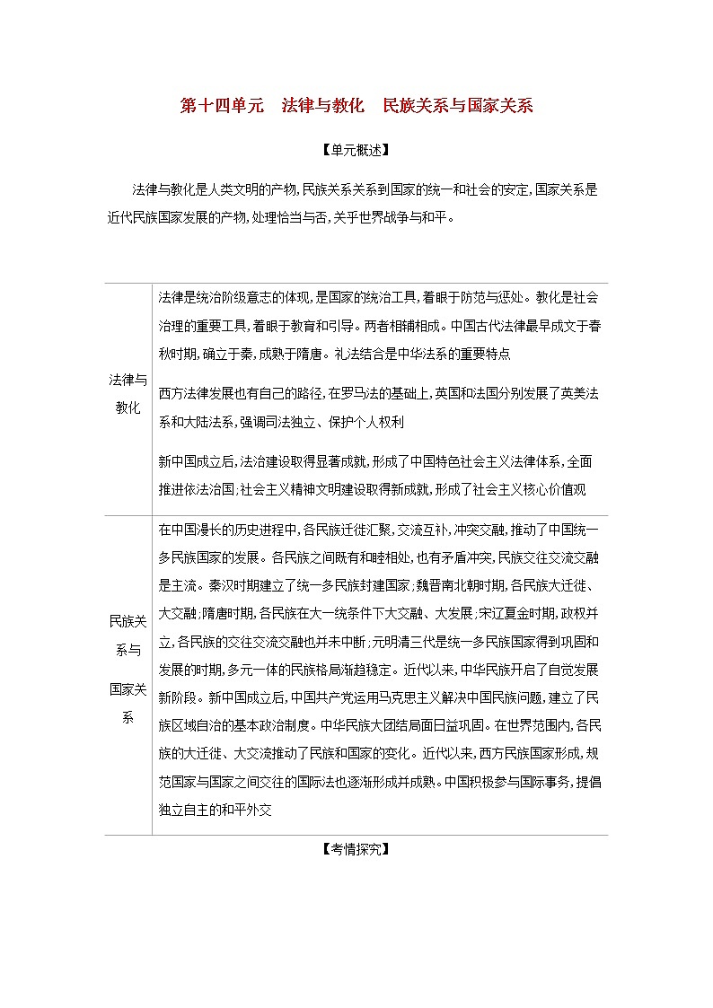 山东专用高考历史一轮复习第十四单元法律与教化民族关系与国家关系_基础集训含解析第1页