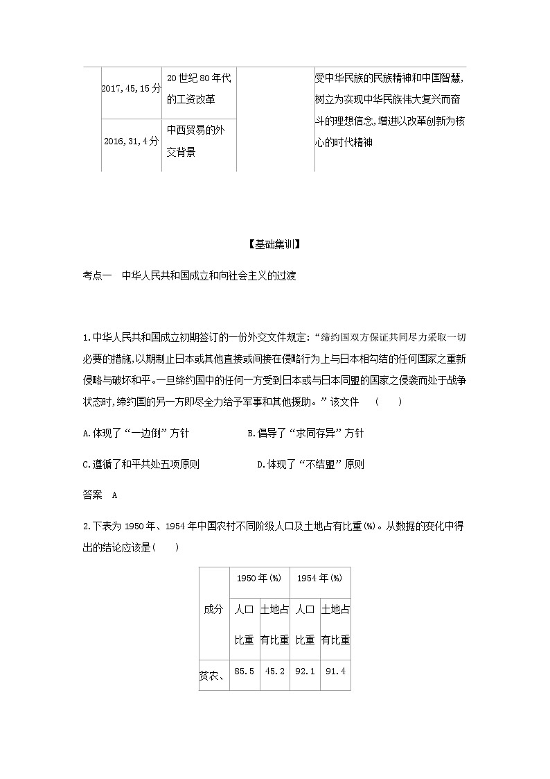 山东专用高考历史一轮复习第七单元从中华人民共和国成立到中国特色社会主义进入新时代_基础集训含解析第3页
