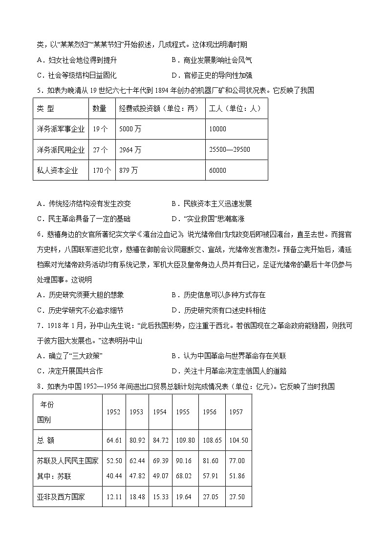 2022届山东省淄博市高三二模历史试题含解析02