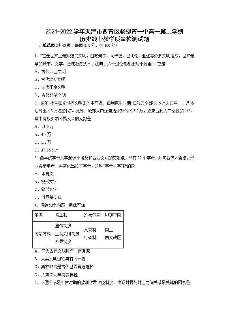 2021-2022学年天津市西青区杨柳青一中高一第二学期历史线上教学质量检测试题含解析第1页