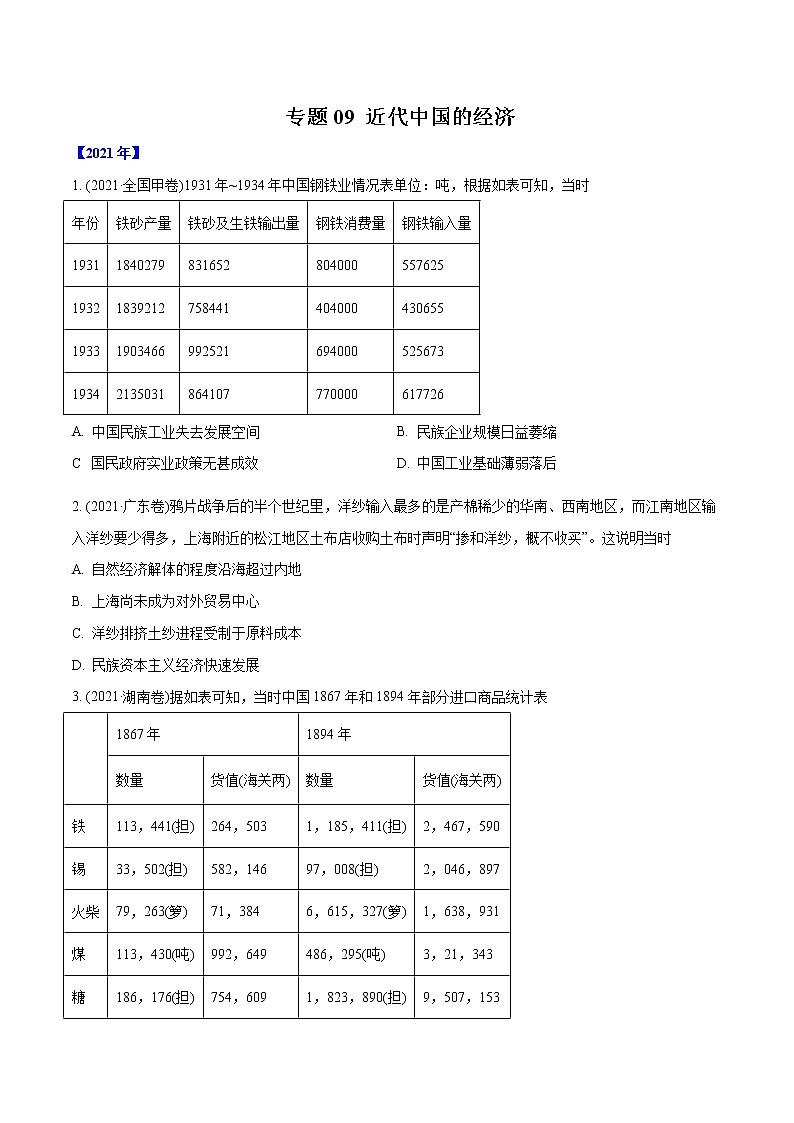 专题09 近代中国的经济（学生版）2012-2021年高考历史真题分专题训练 第1页