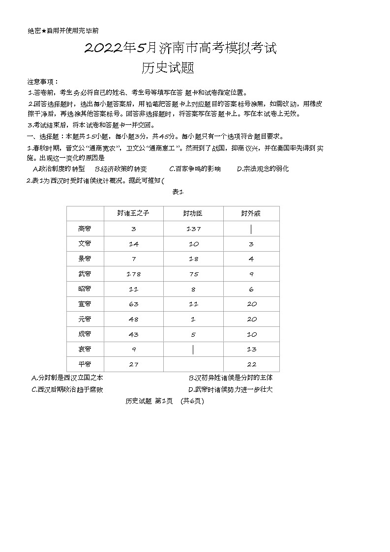 2022济南高三下学期高考模拟（三模）历史试题含答案01