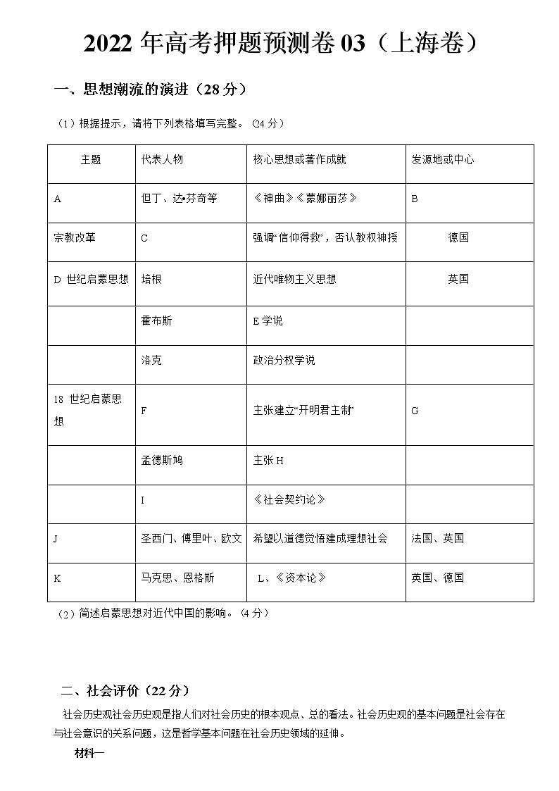 2022年高考历史押题预测卷03（上海卷）（考试版）第1页