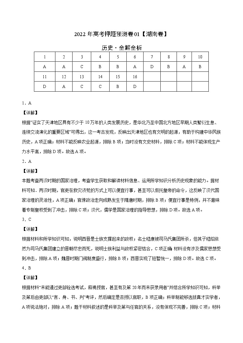 历史-2022年高考押题预测卷+答案解析01（湖南卷）01