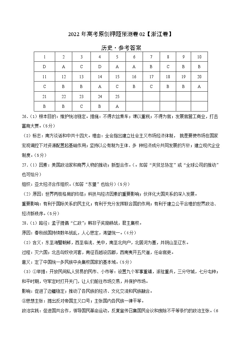 2022年高考历史押题预测卷02（浙江卷）（参考答案）第1页