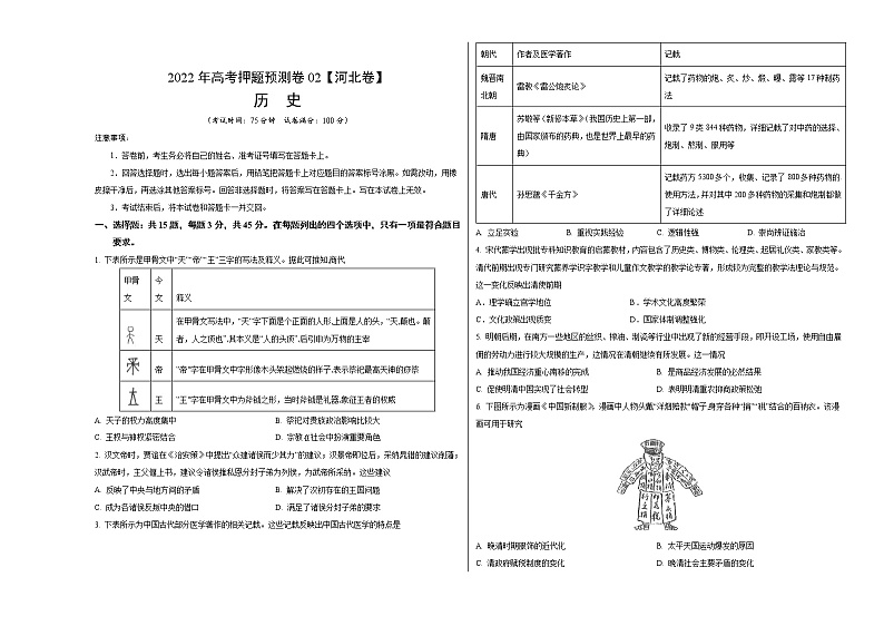 2022年高考押题预测卷02（河北卷）-历史（考试版）第1页