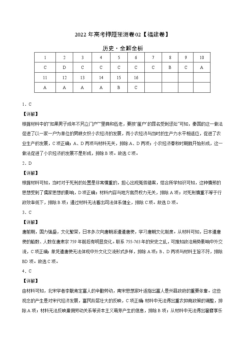 历史-2022年高考押题预测卷+答案解析02（福建卷）01