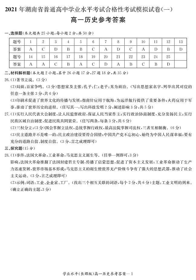 2021湖南省普通高中学业水平考试合格性考试模拟试题（高一）历史试题PDF版含答案01
