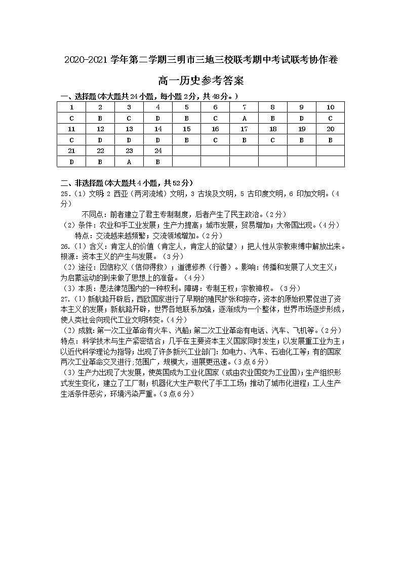 2020-2021学年第二学期三明市三地三校联考期中考试联考协作卷高一历史参考答案第1页