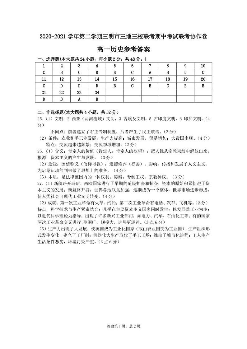 2020-2021学年第二学期三明市三地三校联考期中考试联考协作卷高一历史参考答案第1页