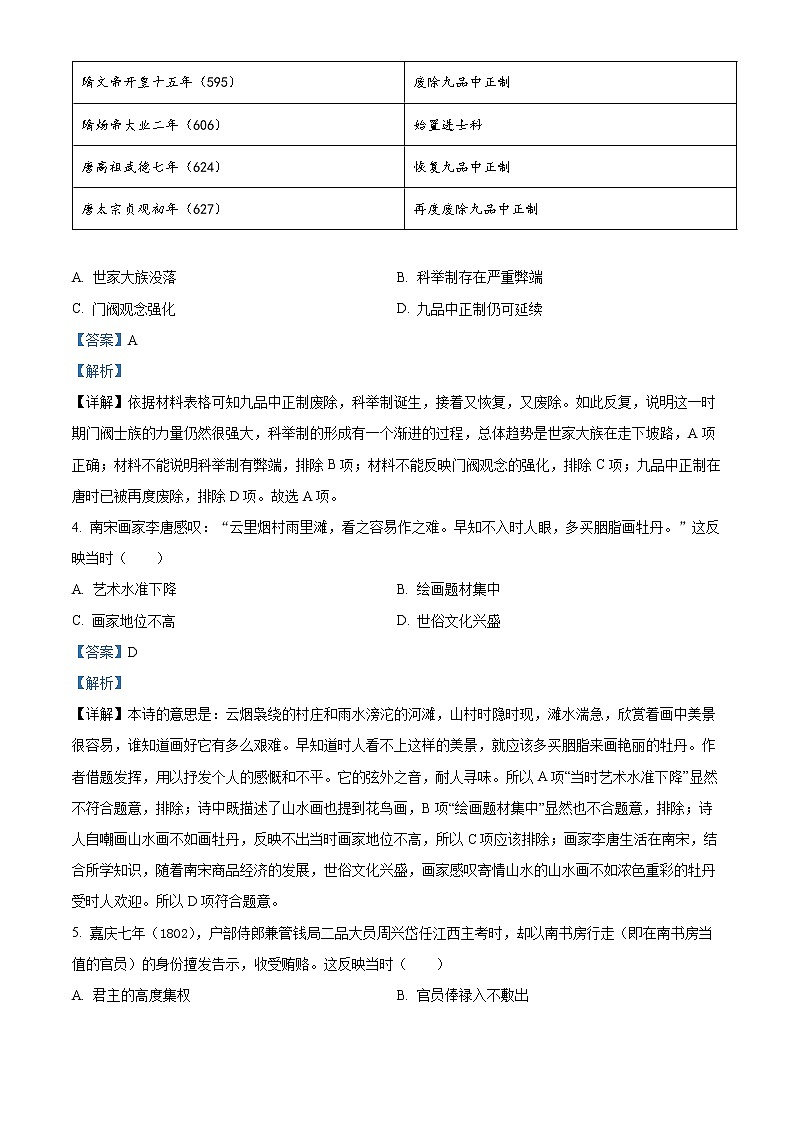 2022年高考湖南卷 历史卷及答案解析（原卷+解析卷）02