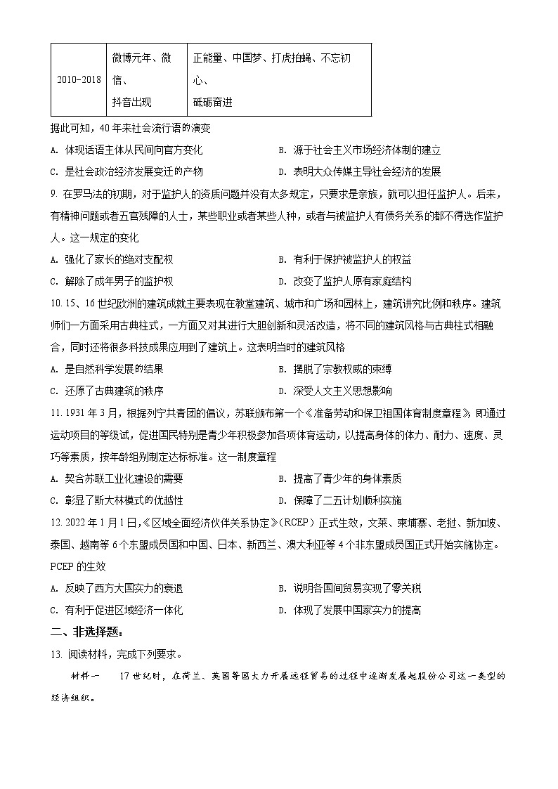 黑龙江省哈尔滨市第三中学2022届高三四模文综历史试题（原卷版）03