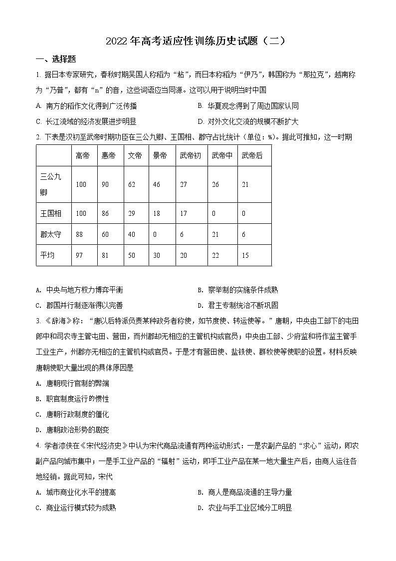 山东省肥城市2022届高考适应性训练（二）历史试题（原卷版）第1页