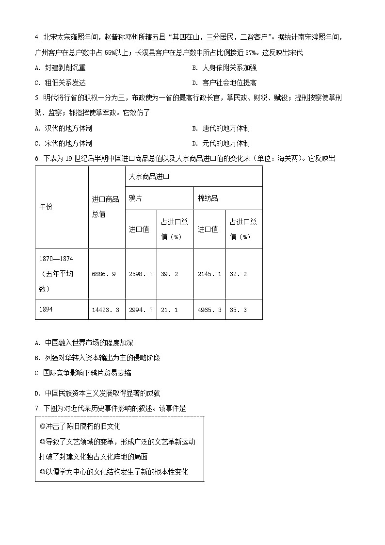 2022泰安高三下学期三模历史试题含解析02