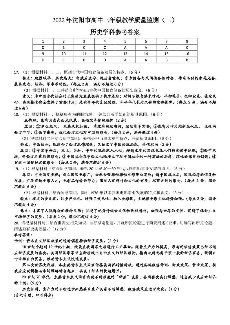 辽宁省沈阳市2022届高三教学质量监测（三）历史PDF版答案解析第1页