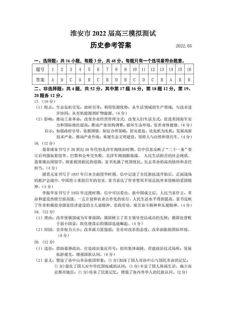 淮安市2022届高三模拟测试历史试卷答案第1页
