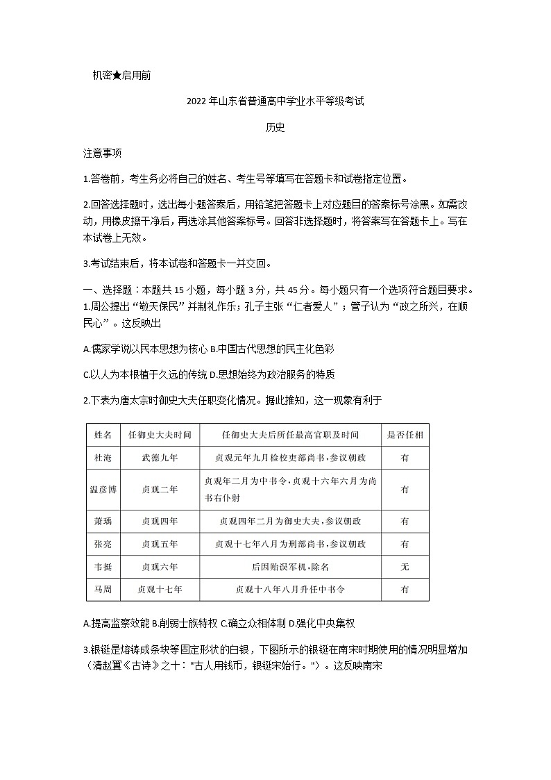 山东省实验中学2022年普通高中学业水平等级考试历史试题第1页