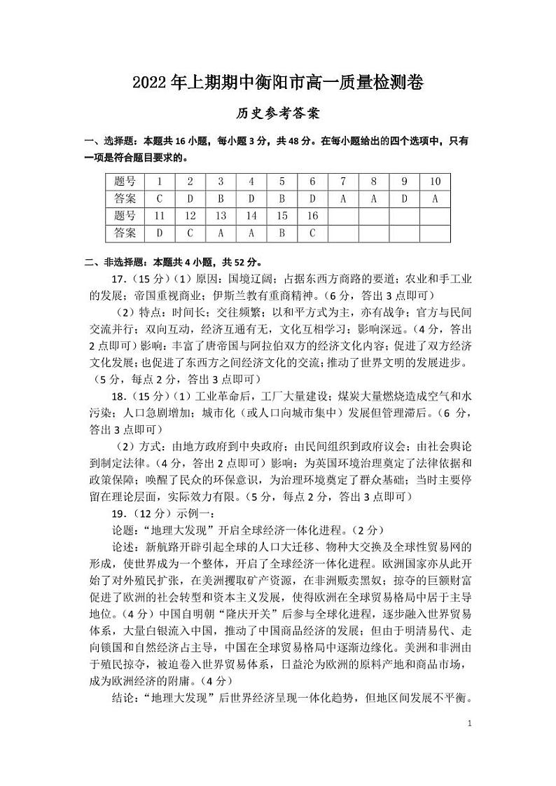 2021-2022学年湖南省衡阳市高一下学期期中考试历史试题PDF版含答案01