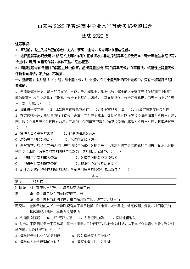2022届山东省潍坊市高三三模历史试题01