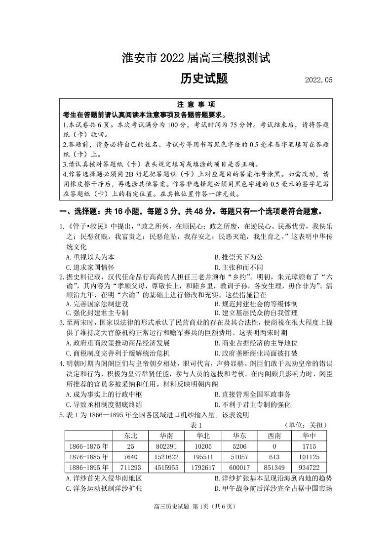 2022年江苏省淮安市高三5月模拟测试历史试题含答案01