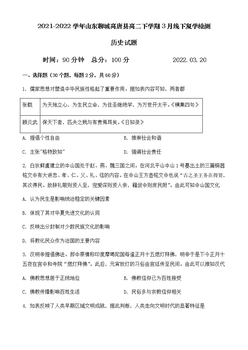 2021-2022学年山东省聊城市高唐县高二下学期3月线下复学检测历史试题含答案01