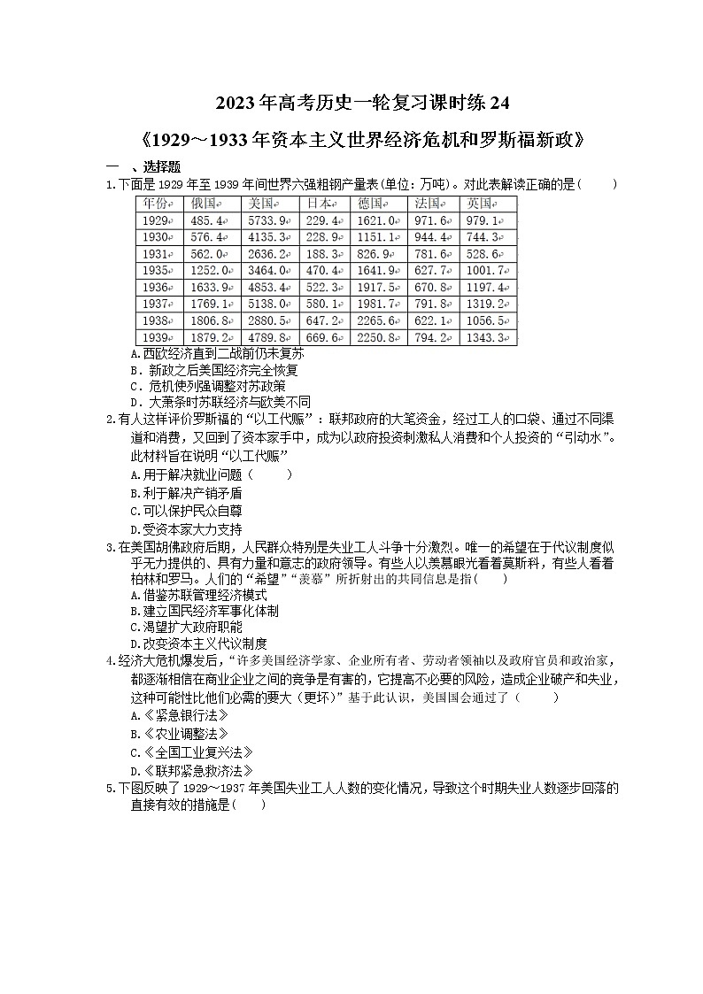 2023年高考历史一轮复习课时练24《1929～1933年资本主义世界经济危机和罗斯福新政》(含答案)第1页